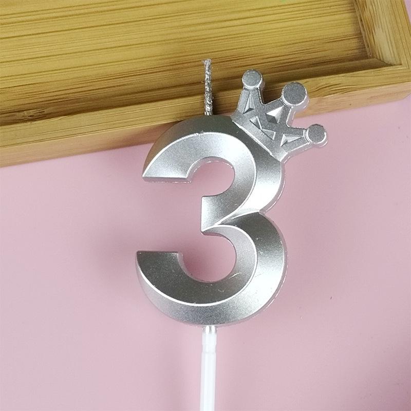 Свічка для торта цифра "3" з короною Сріблястий (16779)