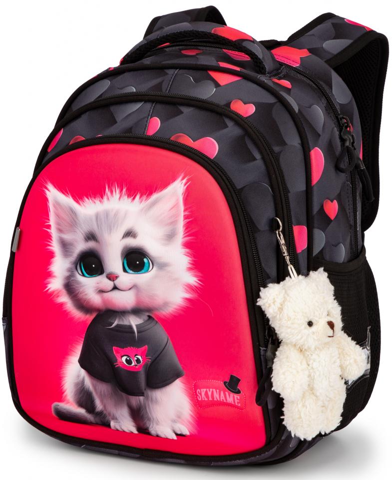 Школьный рюкзак для девочки SkyName Котенок 6-10 лет Черный с красным (R2-221)
