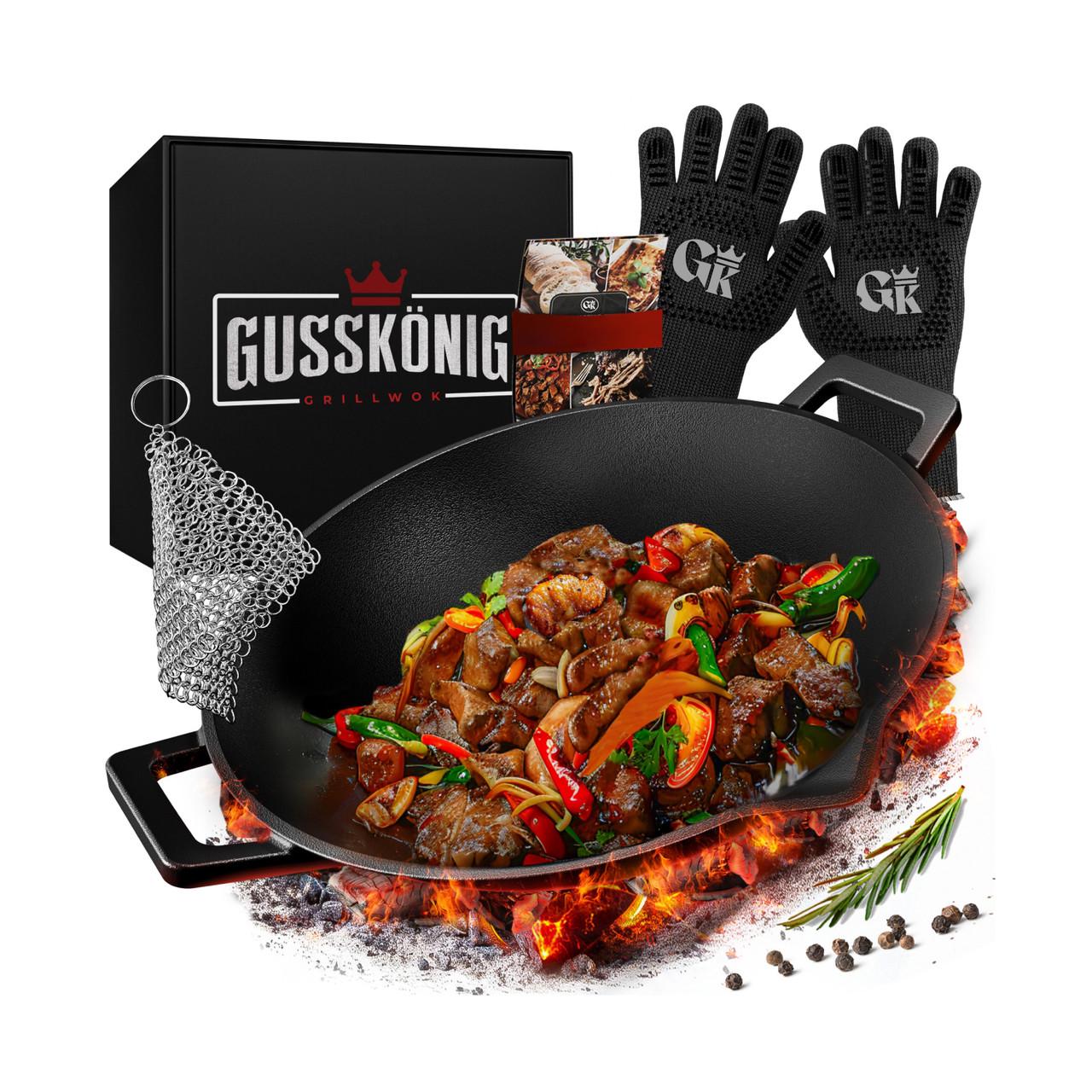 Сковорода чугунная WOK Gusskönig книга рецептов/жаростойкие перчатки/очиститель 36 см (A-014867)