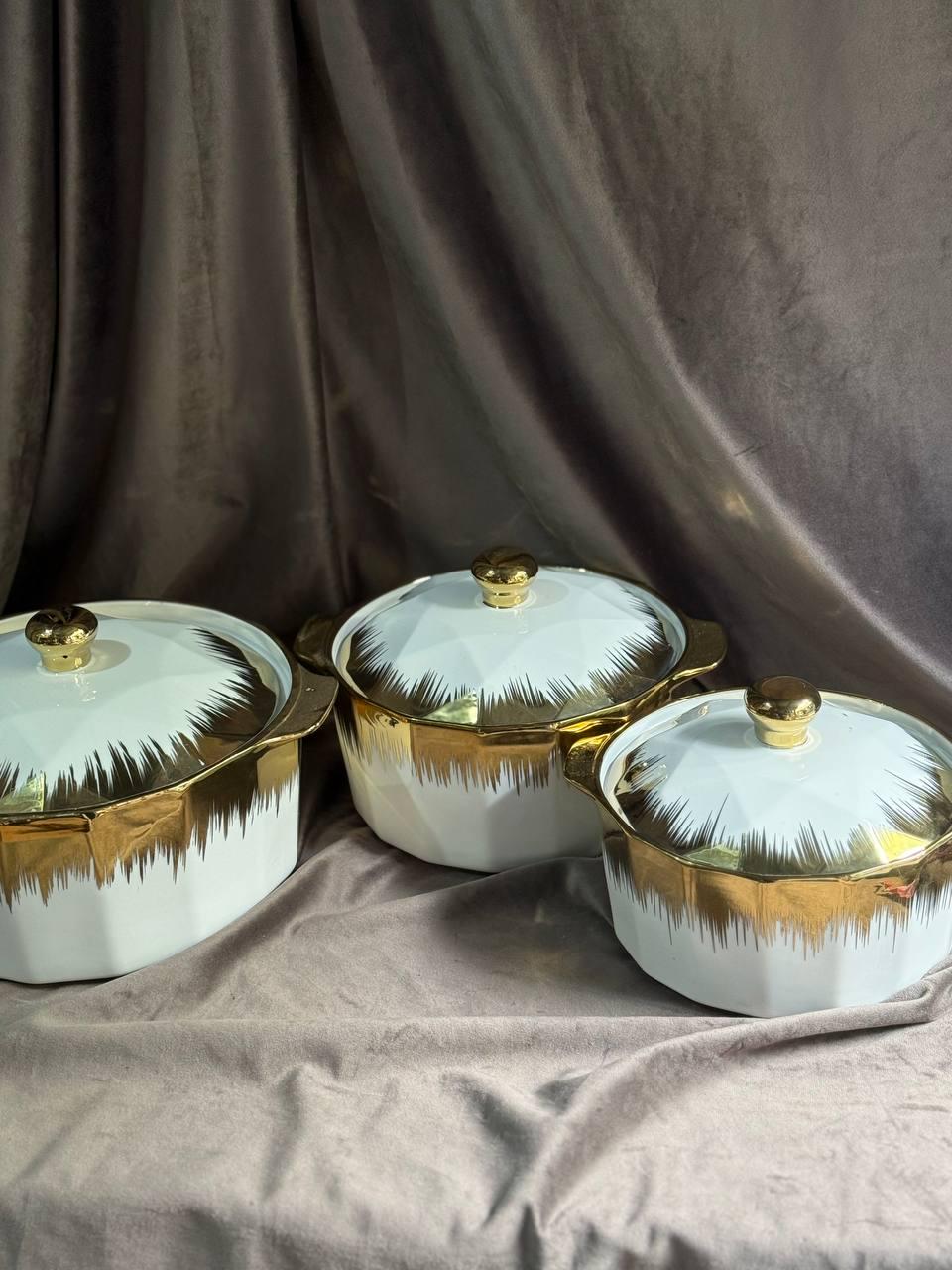 Набор супниц Yiwu ML-T26-3 фарфоровых 3 шт. 1,5/2/3 л Белый с золотым (29919086) - фото 2