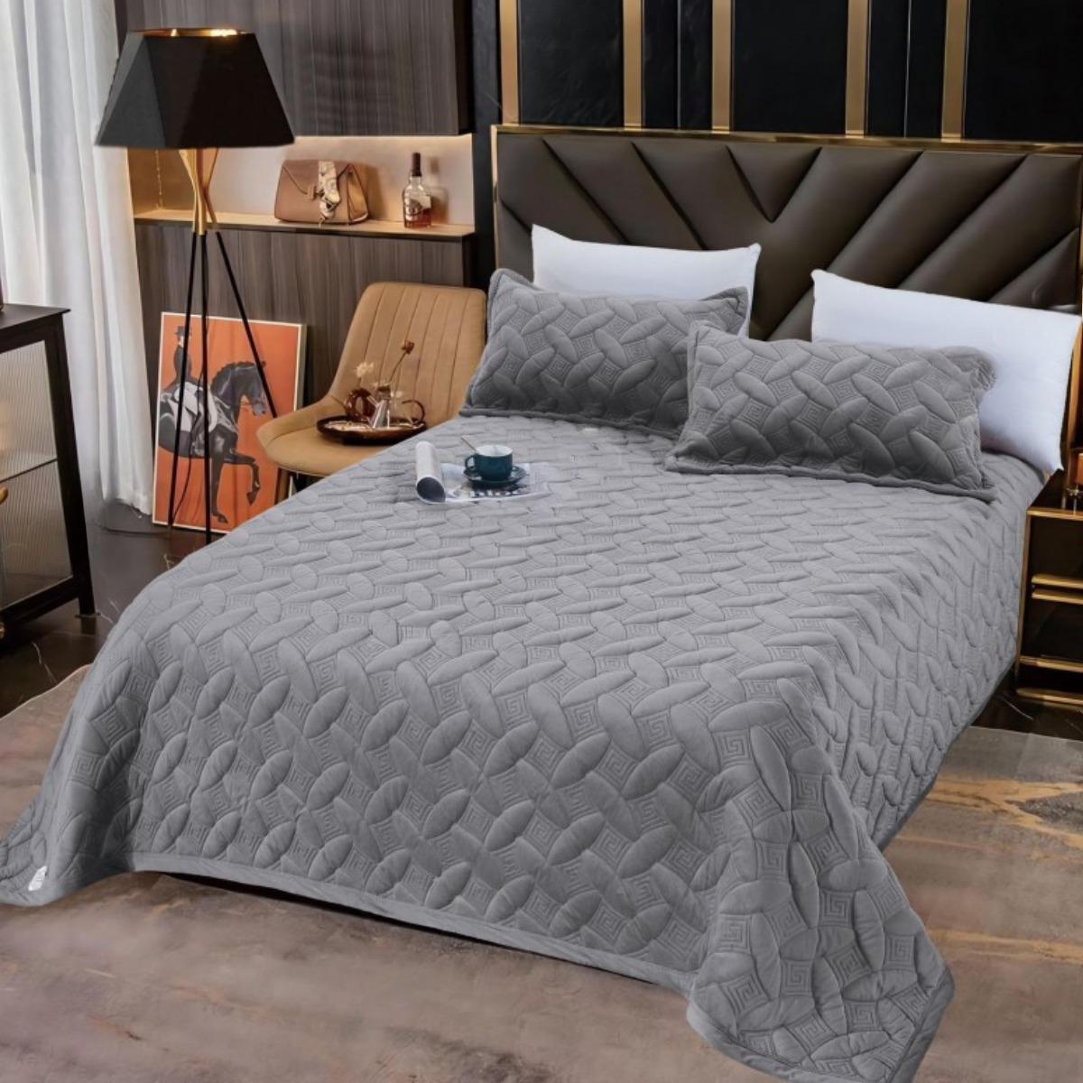 Покривало велюрове стьобане Koloco 2 наволочки євро 220х240 см Сірий (40042)