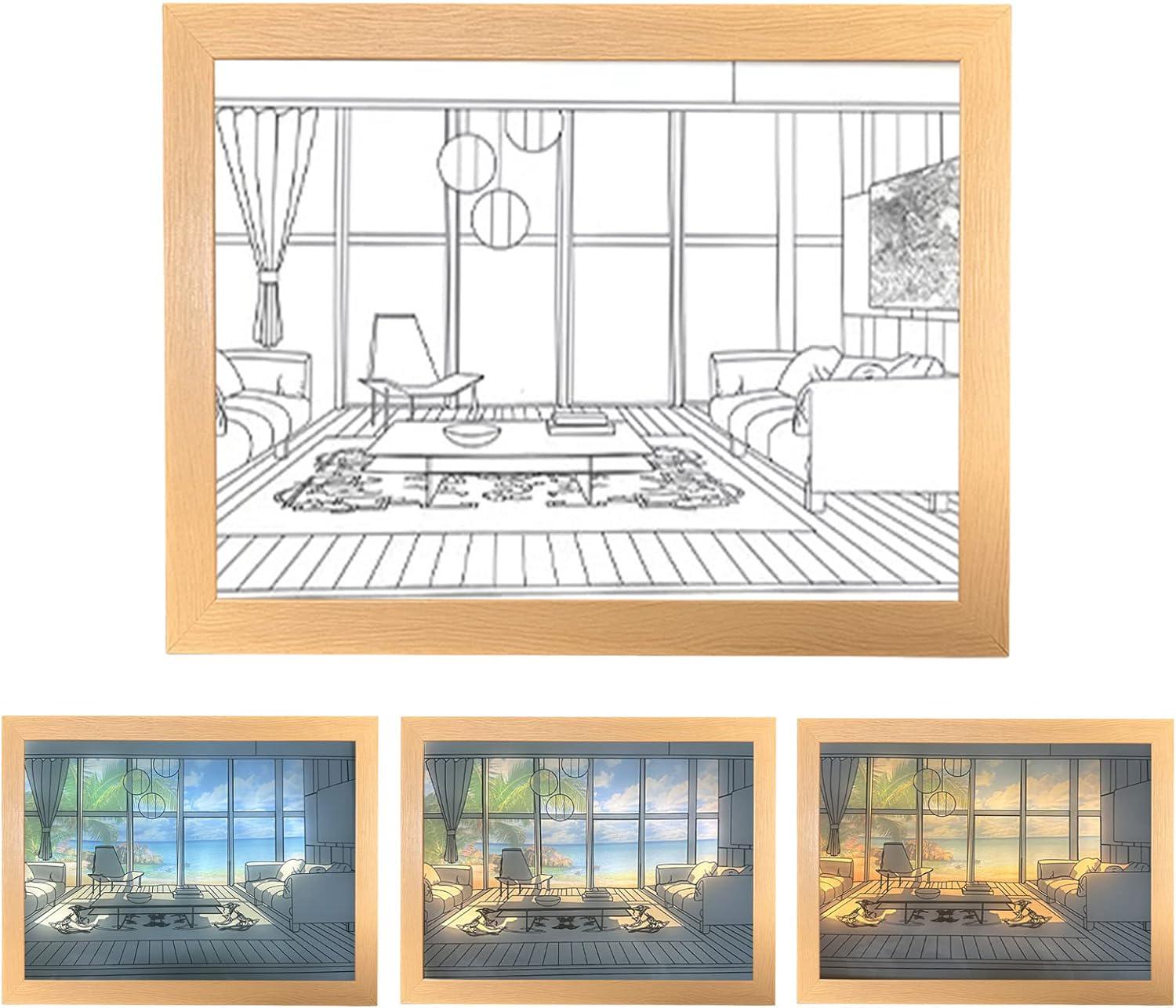 Ночник Led с пейзажем моря и пальмами деревянная рамка 3 режима - фото 7