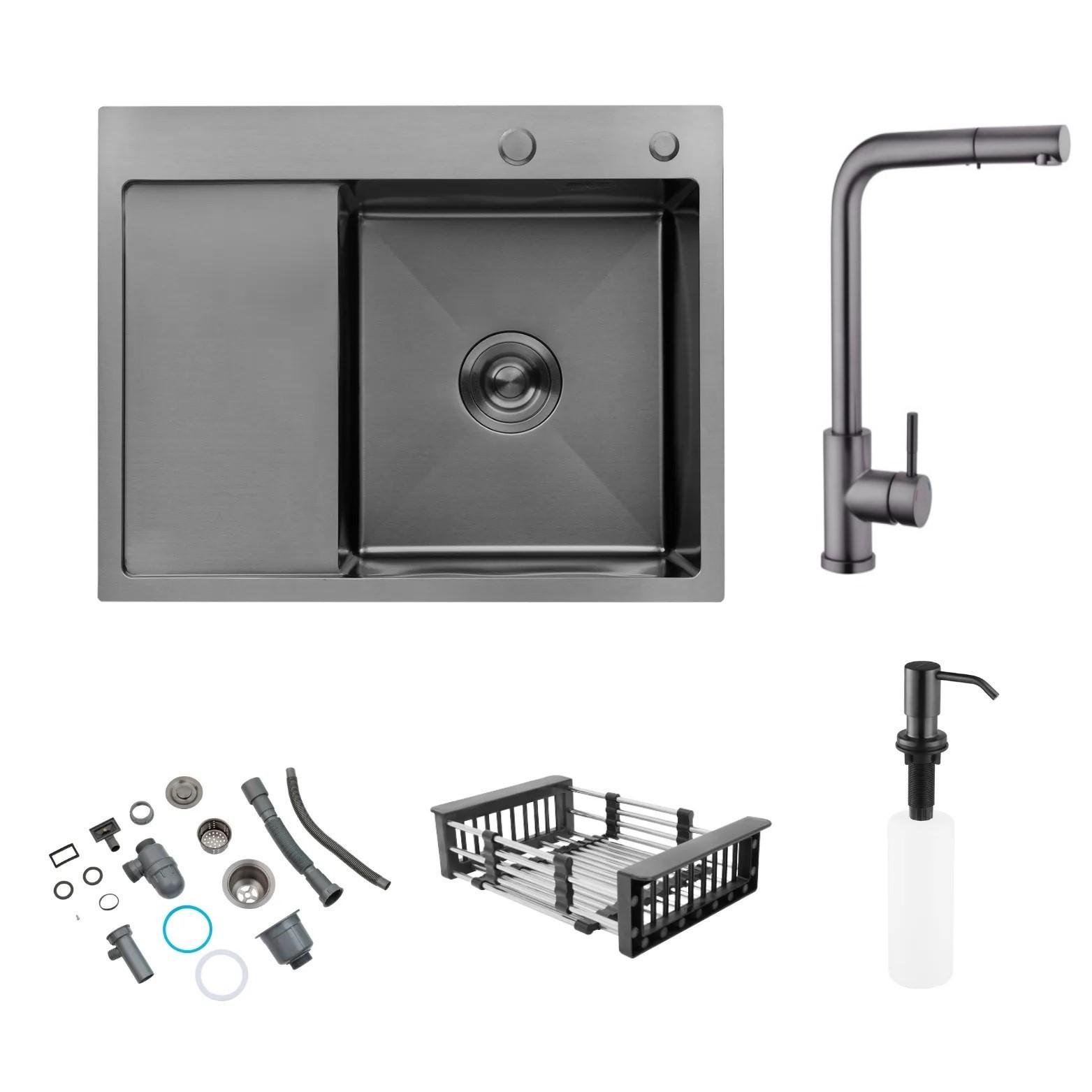 Мойка Kroner-6350RHM правая Черный/смеситель для кухни с выдвижным изливом Kroner-PVD03917