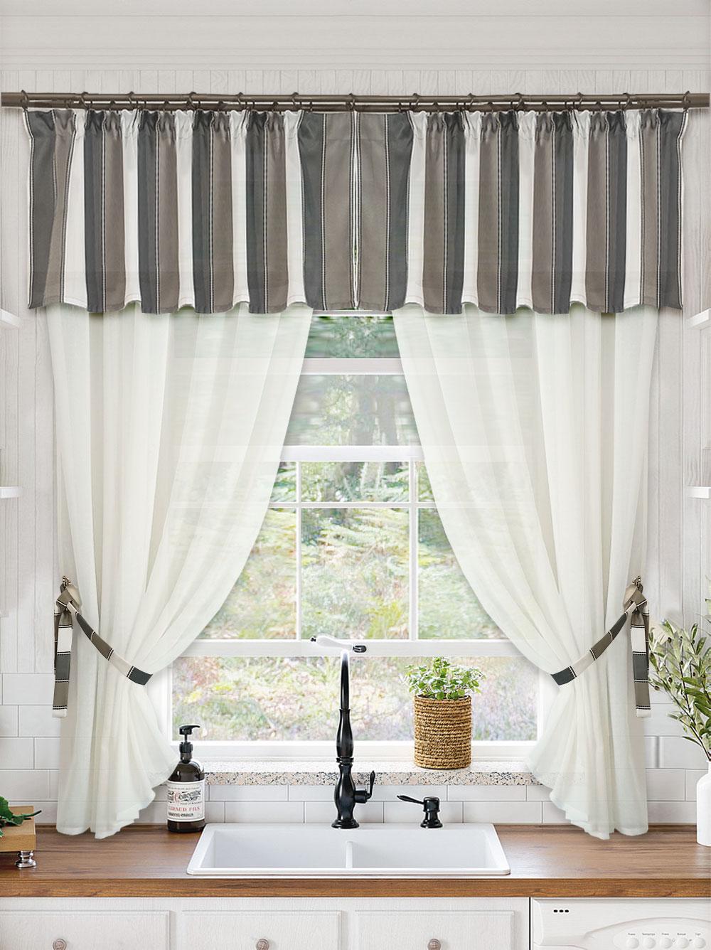 Комплект тюль на кухню Дублин 295х170 см лен полоска Молочный (Dublin-Line-milk)