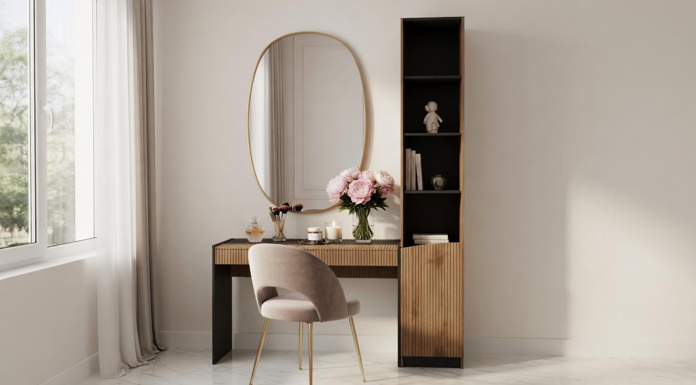 Зона для макіяжу з прихованою системою зберігання та високим стелажем (BELLA)