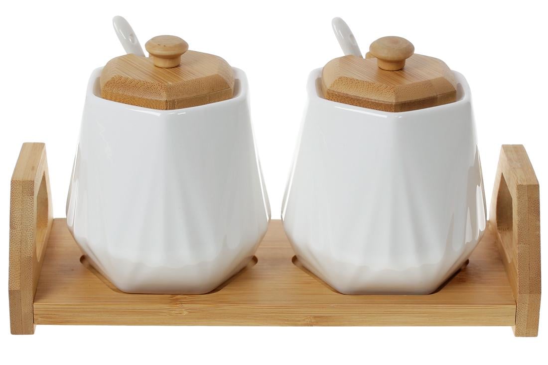 Набор сахарниц 330 мл с ложками 2 шт. на бамбуковой подставке Naturel Белый