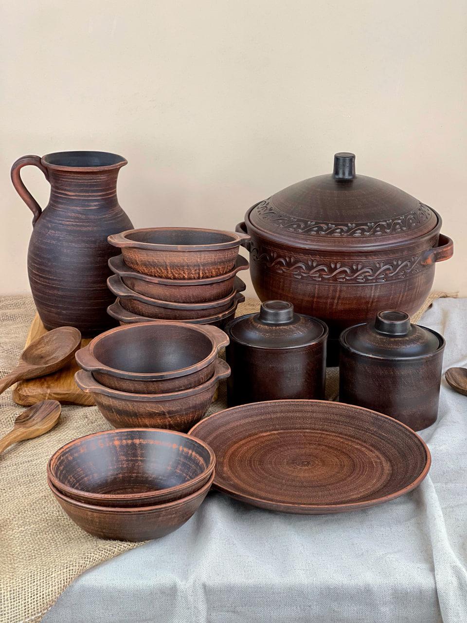 Набор керамической глиняной посуды для борща гладкий на 6 человек (3104-3)