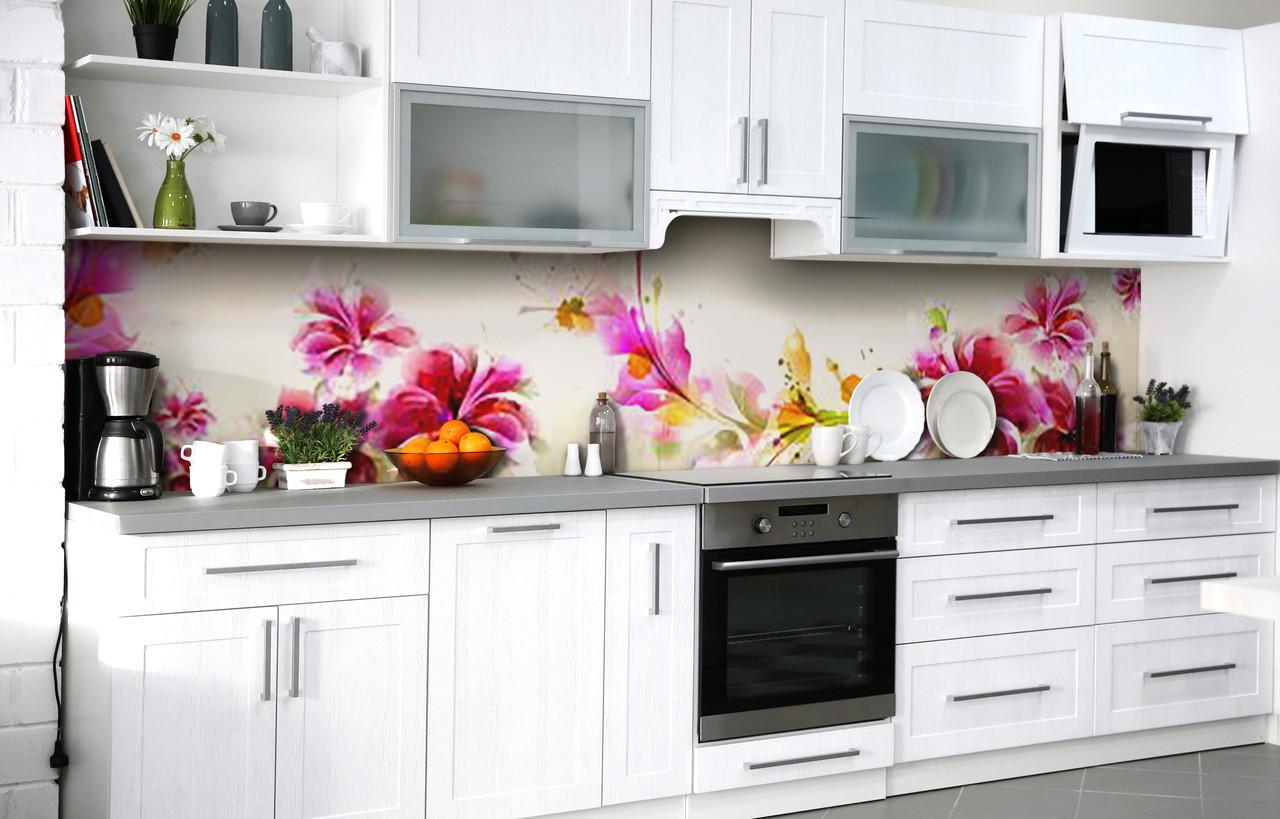 Кухонный фартук Акварельные Лилии виниловый самоклеющийся 65х250 см Розовый