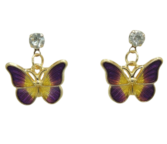 Серьги-гвоздики Liresmina Jewelry фиолетово-желтые бабочки с эмали и фианиты 2,0 см Золотистый (1359233818)