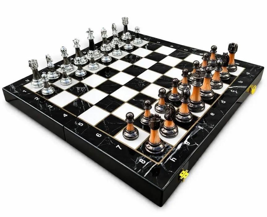 Шахматный набор премиум с магнитными фигурами и доской 39 см Черно-белый мрамор (M1001)