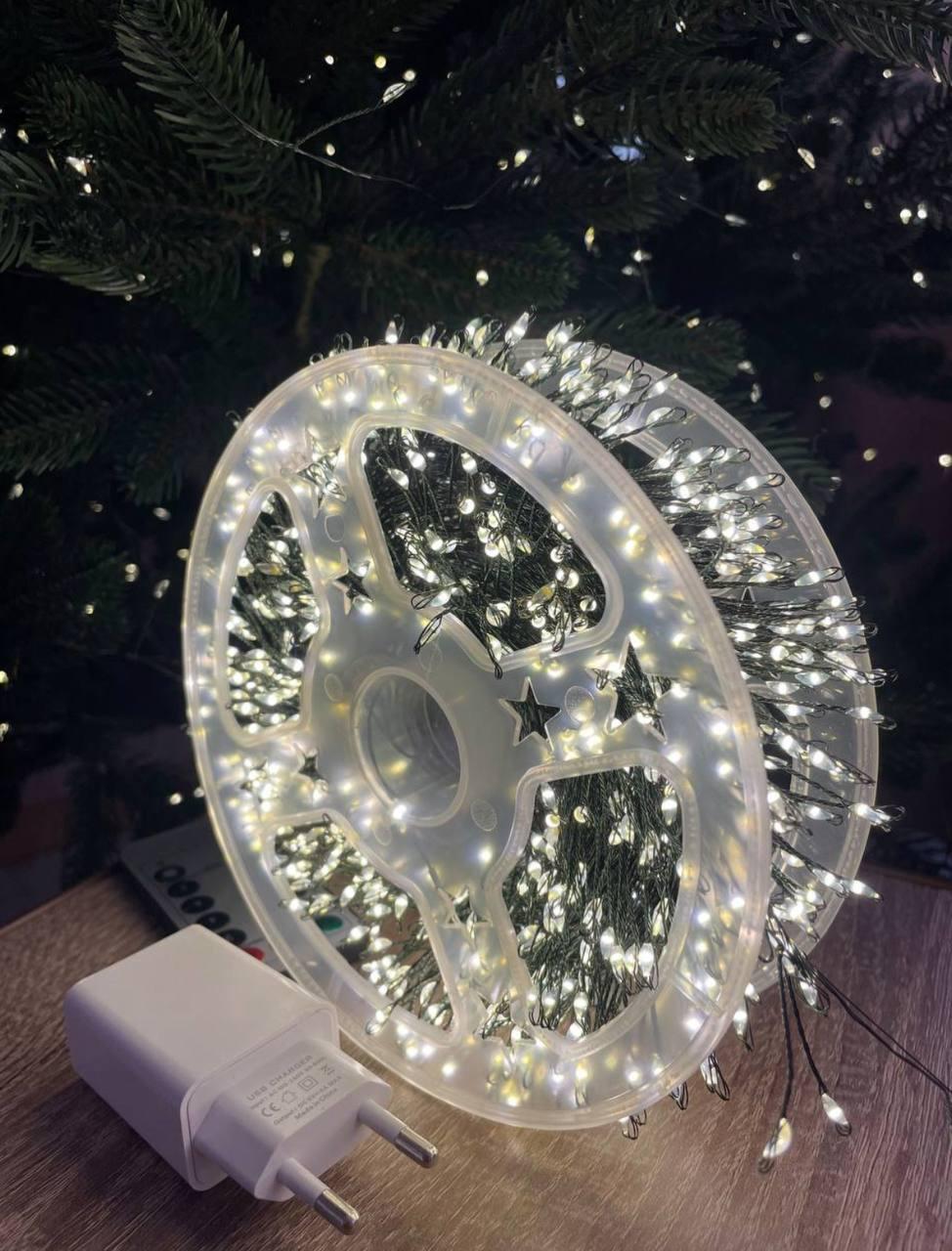 Гирлянда Мишура 50 м 1500 LED Белый теплый/Зеленый провод (347576)