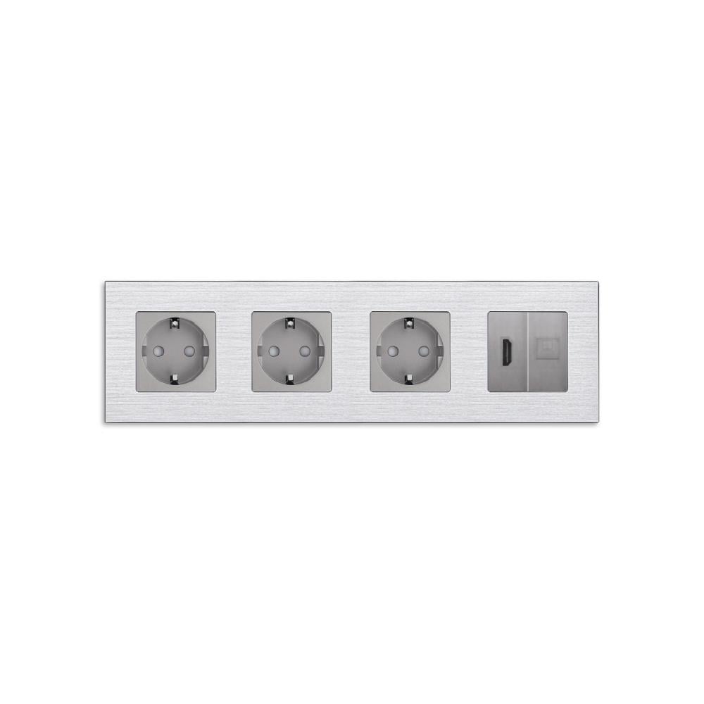 Розетка чотиримісна WALLPAD з HDMI/інтернет RJ-45 настінна алюмінієва рамка Сірий (WP-M4FHDMICAT6-GY)