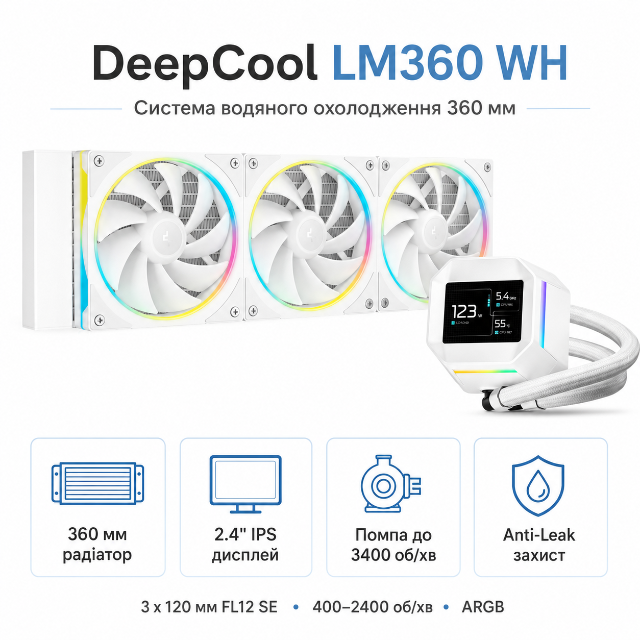 Система жидкостного охлаждения DeepCool LM360 WH с IPS-дисплеем 2,4" 2400 об/мин 3x120 мм Белый (R-LM360-WHDMMC-1)