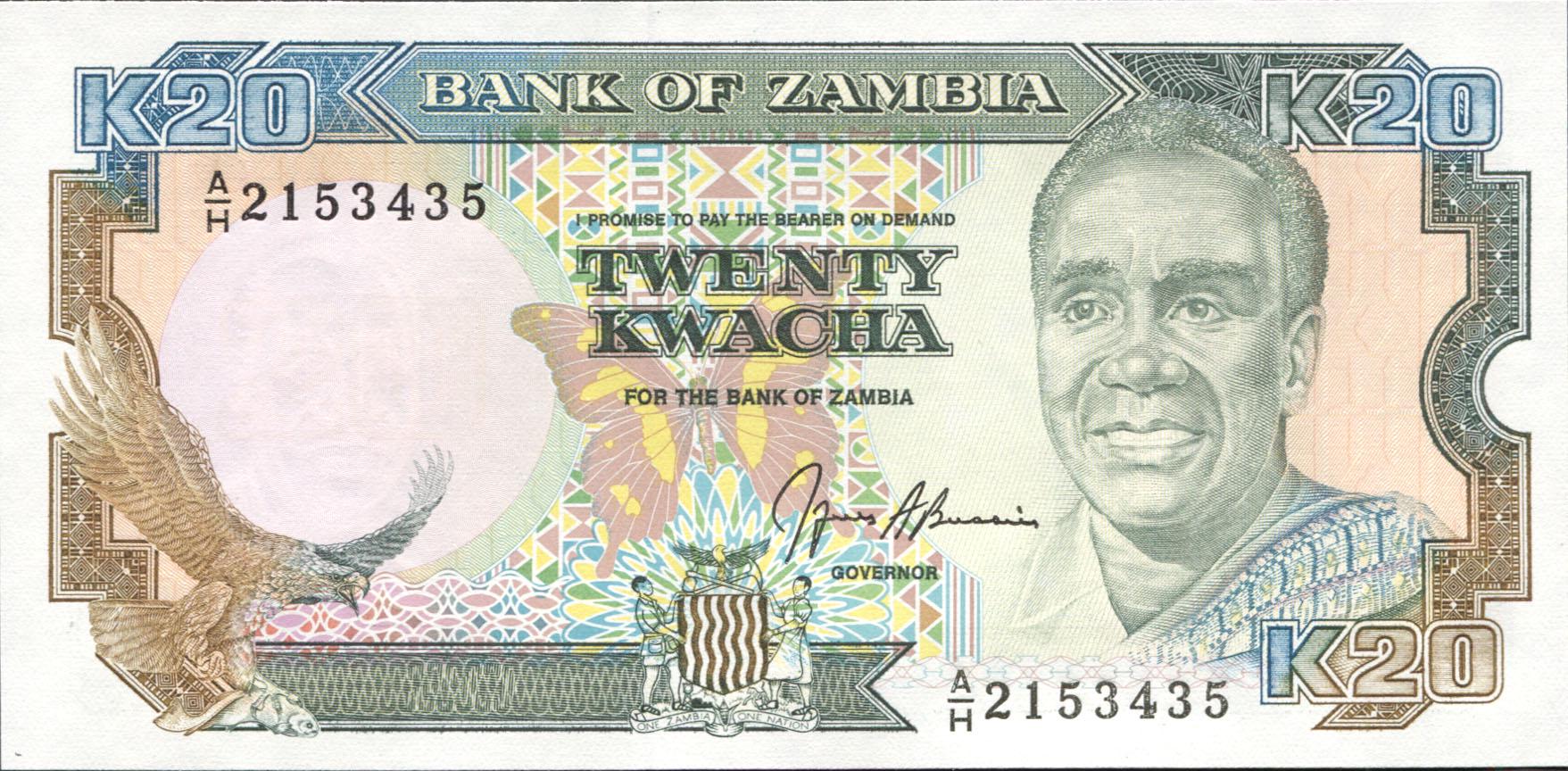 Коллекционная банкнота Замбия 1989 20 квач 1989-1991 P32b UNC