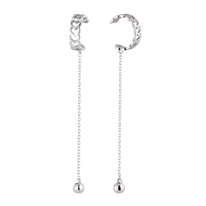 Серебряные серьги-кафы Сердечки с тонкими подвесками