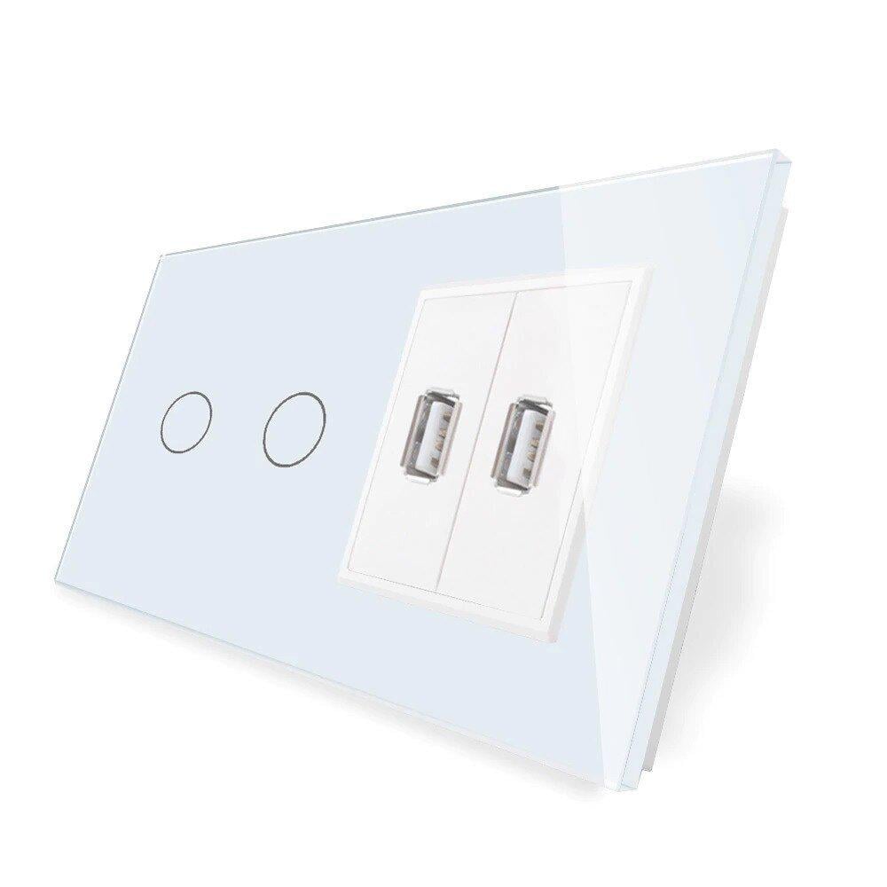 Сенсорный выключатель Livolo 2 сенсора 2 USB стеклянный Белый (VL-C702/2USB-11)