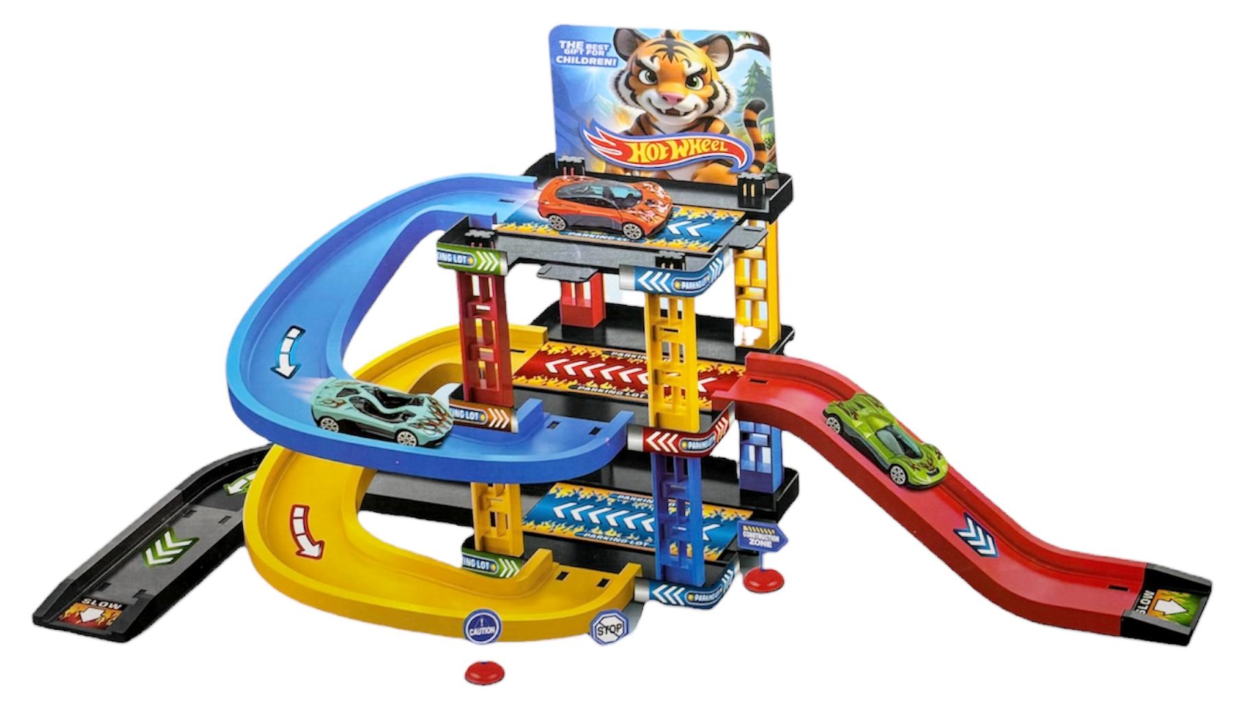 Автотрек з дорожніми знаками Hot Wheel три рівня автомобільний/дві машинки 31 деталь (31383008)
