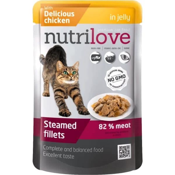 Корм для котів NutriLove тушковані шматочки з ніжною куркою в желе 85 г (23253285)