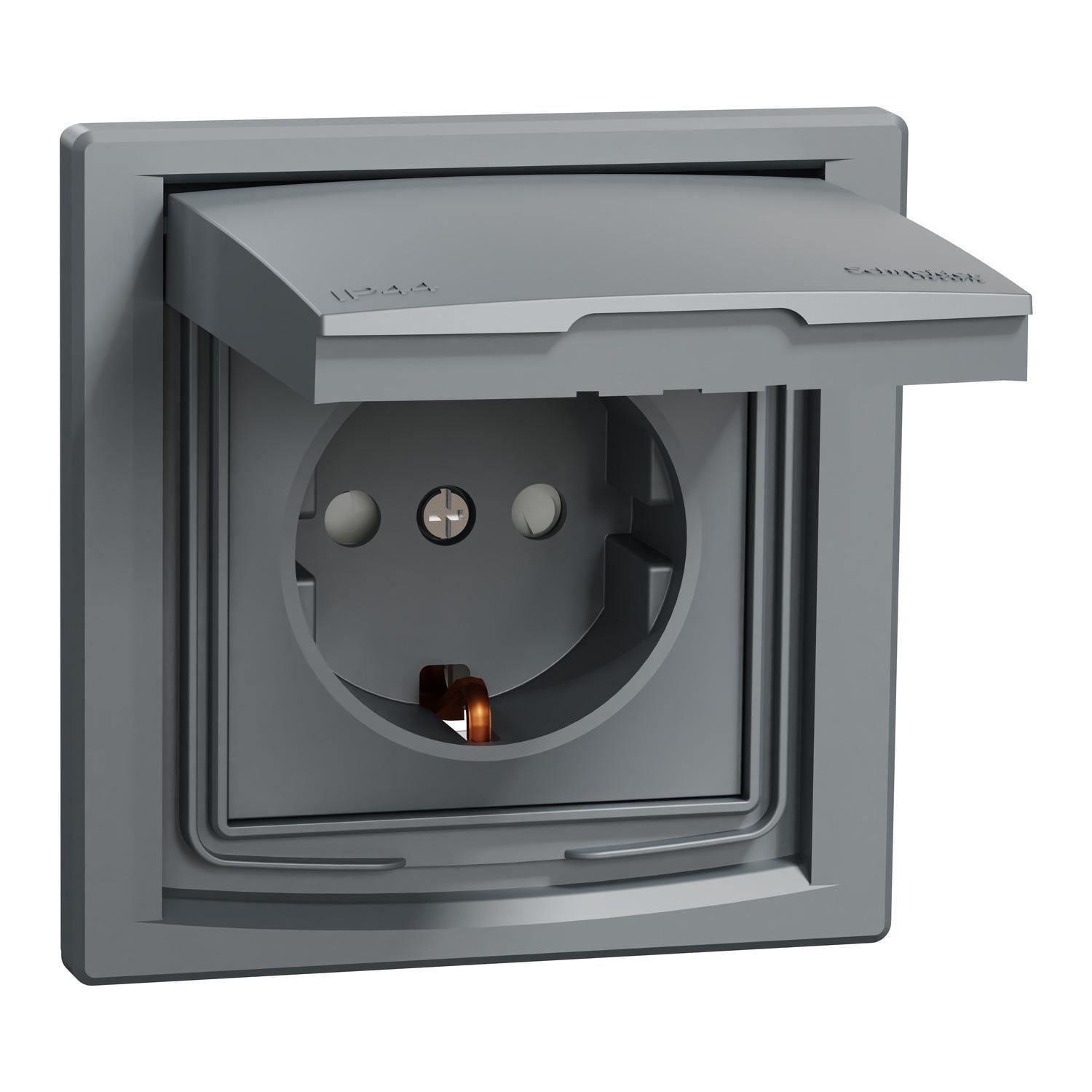 Розетка Schneider Electric Asfora EPH3100362 ІР44 з заземленням/кришкою та шторками Сталевий (00000025572)