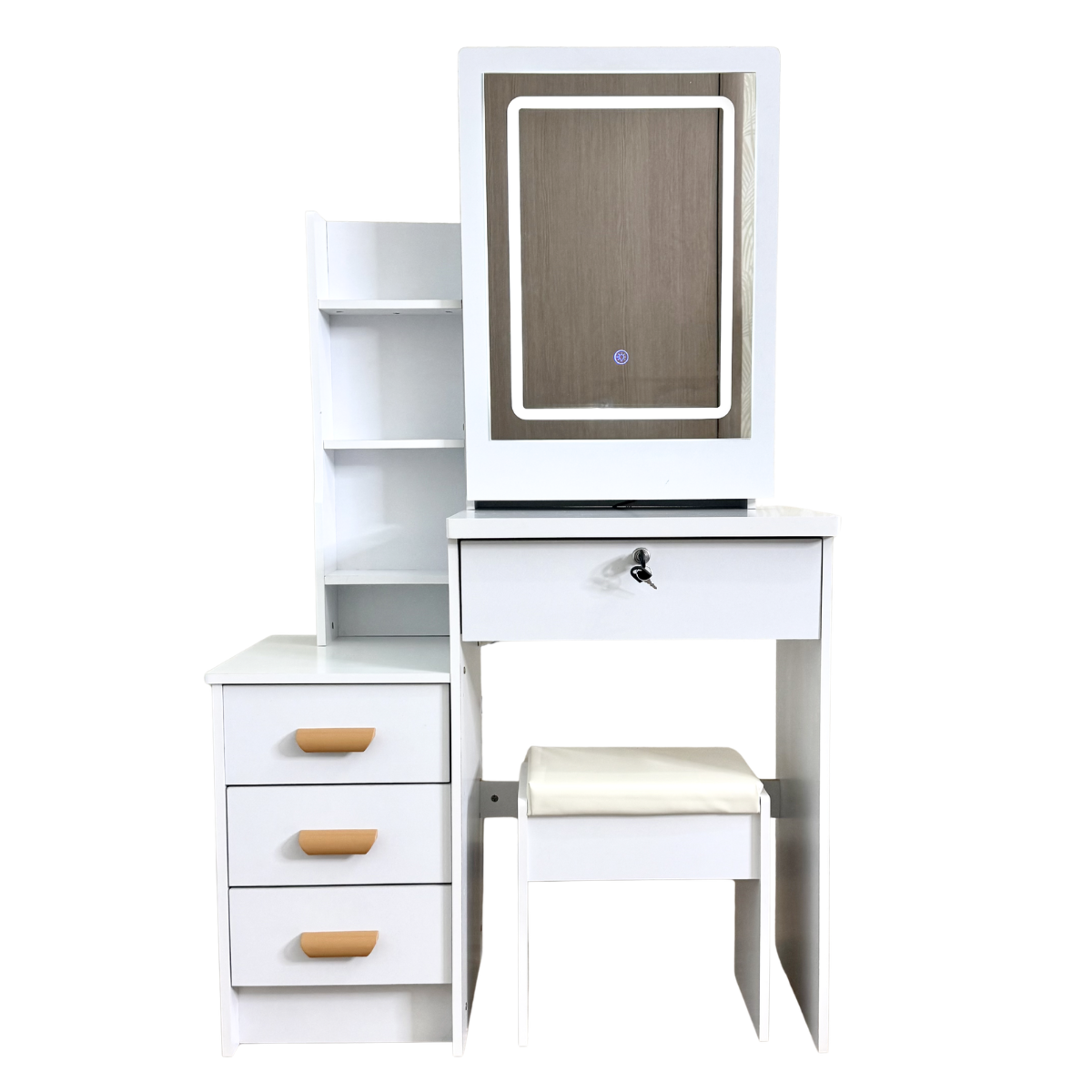 Туалетный столик с прямоугольным зеркалом с LED-подсветкой и пуфиком Белый (STLMD-84-White)