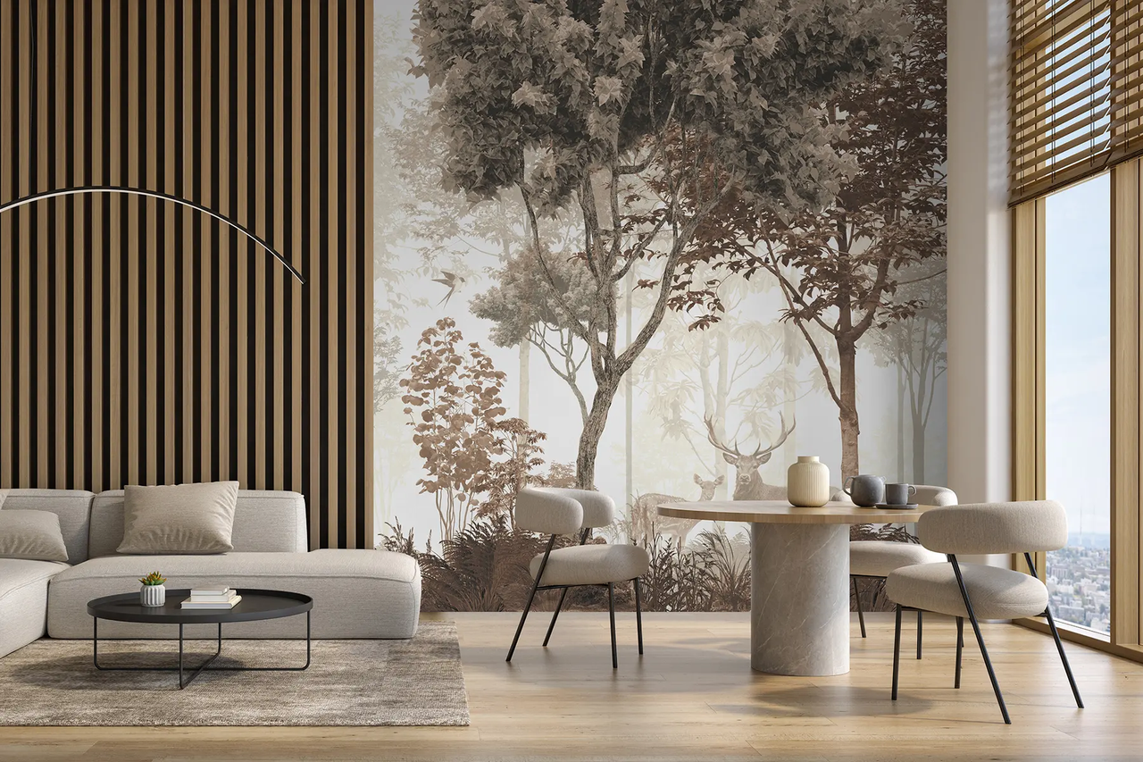 Фотообои флизелиновые Styleo Лес с оленями u72134d1 400х250 см Бежево-коричневый