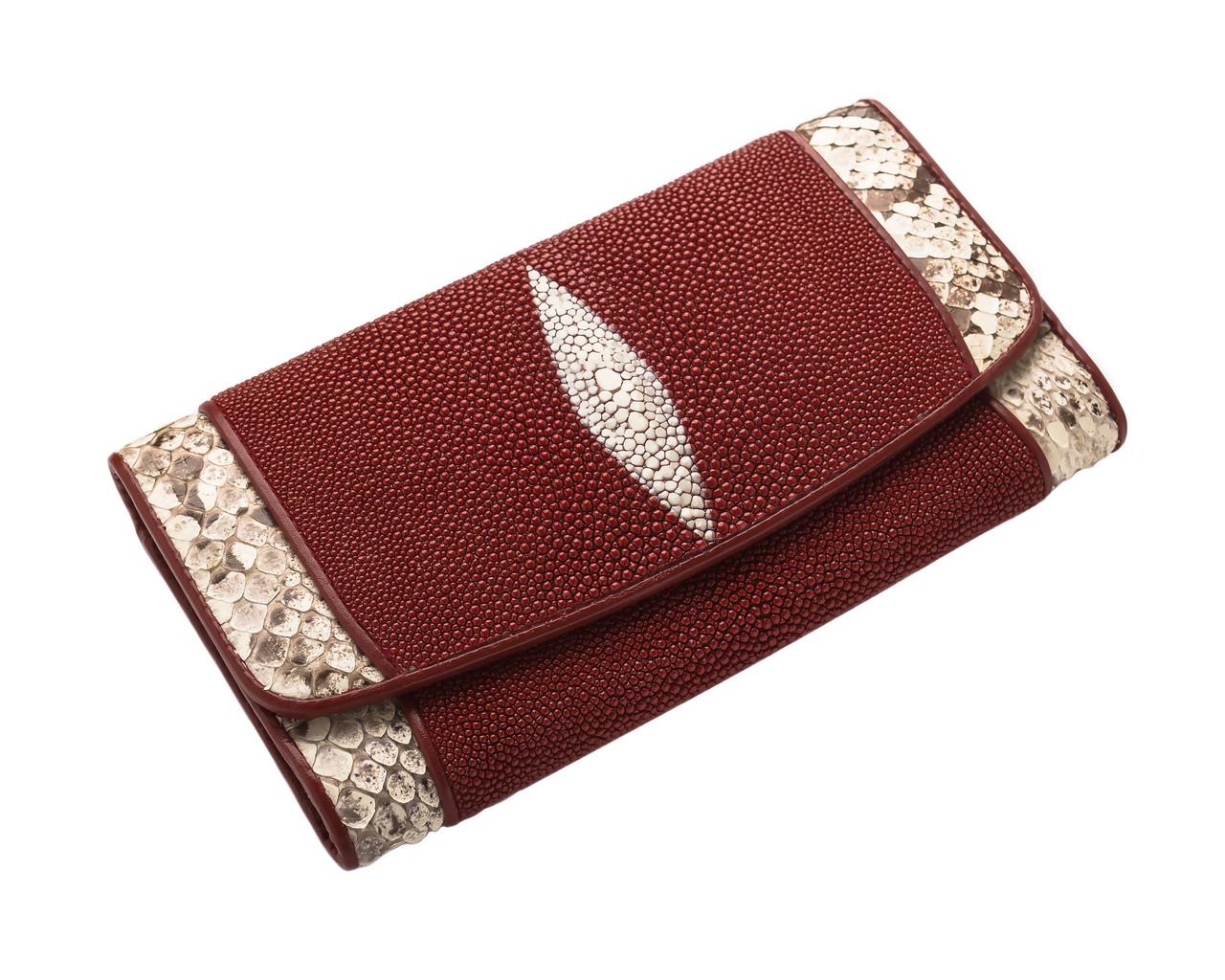 Гаманець Ekzotic Leather зі шкіри ската з пітоном Бордовий ( stw 114)
