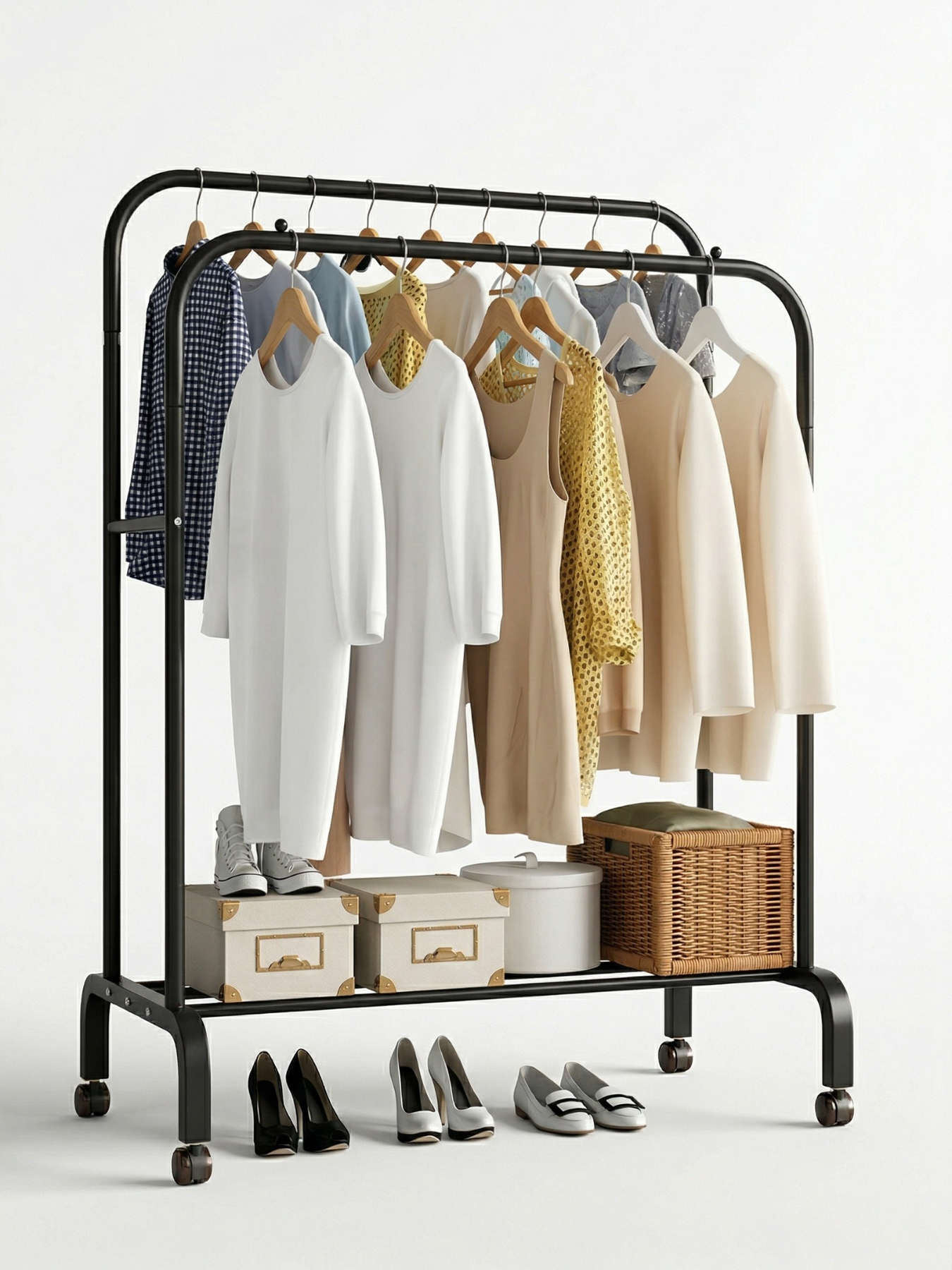 Вешалка напольная для одежды двойная раскладная со стопорами и полками для обуви 150х110х57 см Черный (463947650197)