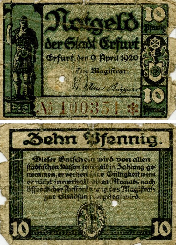 Коллекционная банкнота Германия Нотгельд 10 пфеннигов 1921 G-VG Эрфурт Разновидность 1 (Б18430)