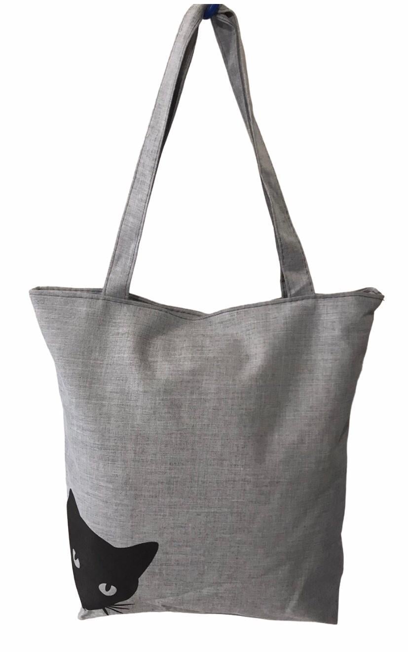Шопер женский тканевый повседневный на молнии кот подкрадывается Серый (026O)