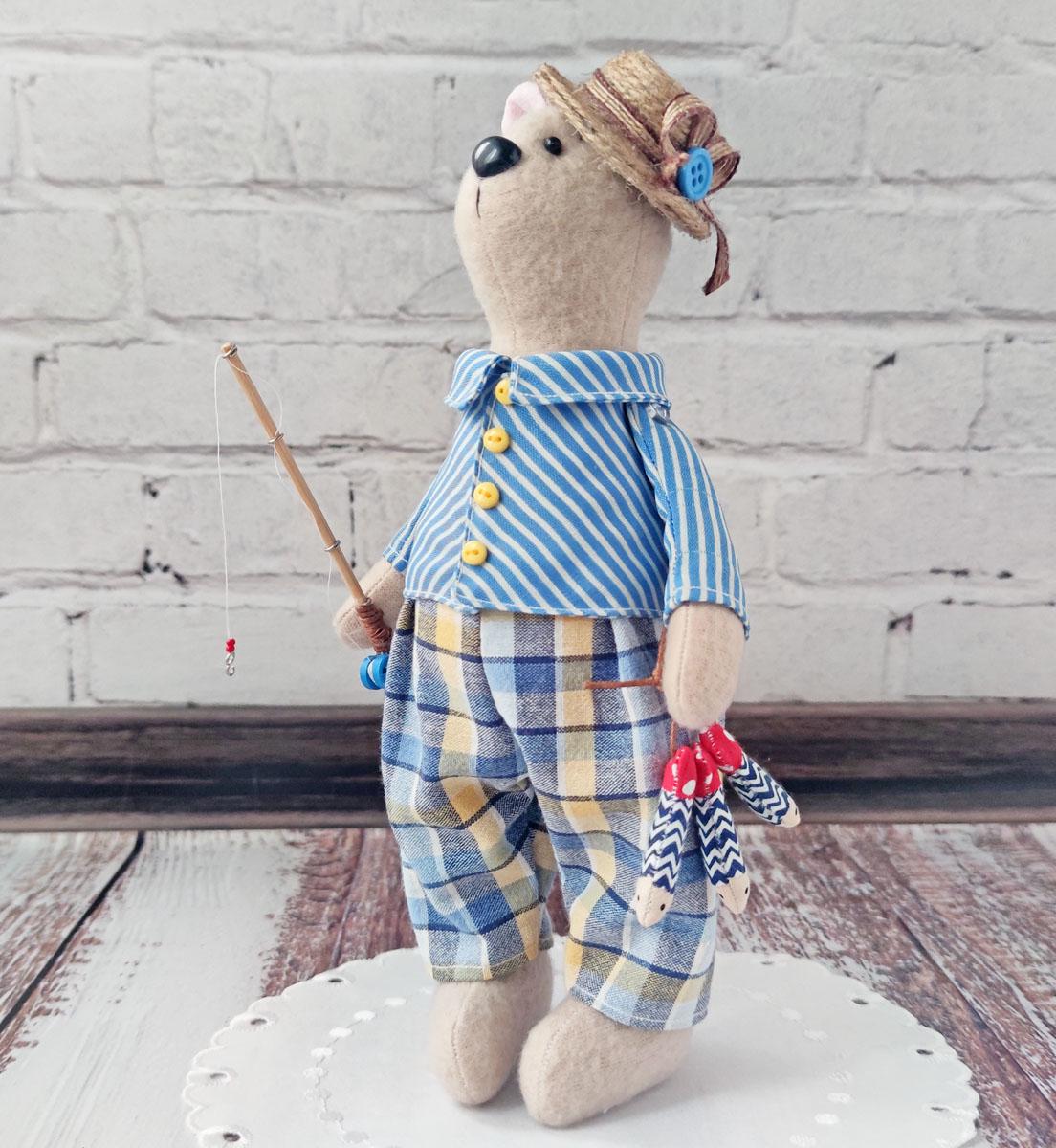 Кукла интерьерная в стиле тильда Медвежонок рыбак  (1772398516)