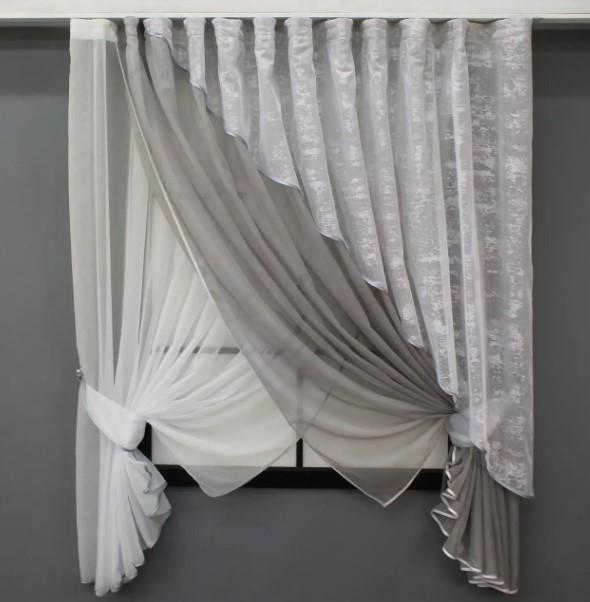 Фіранка на кухню 310х170 см Молочний/Сірий (063к)