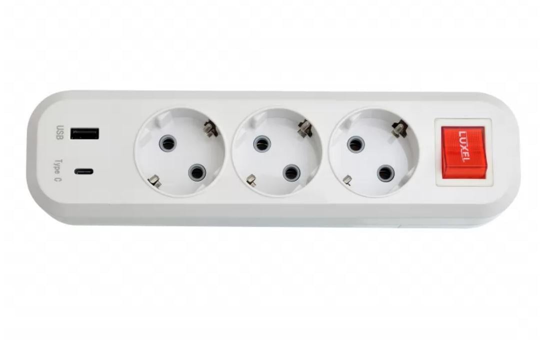 Колодка Luxel с заземлением и выключателем/USB/Type C 3 розетки (7191)