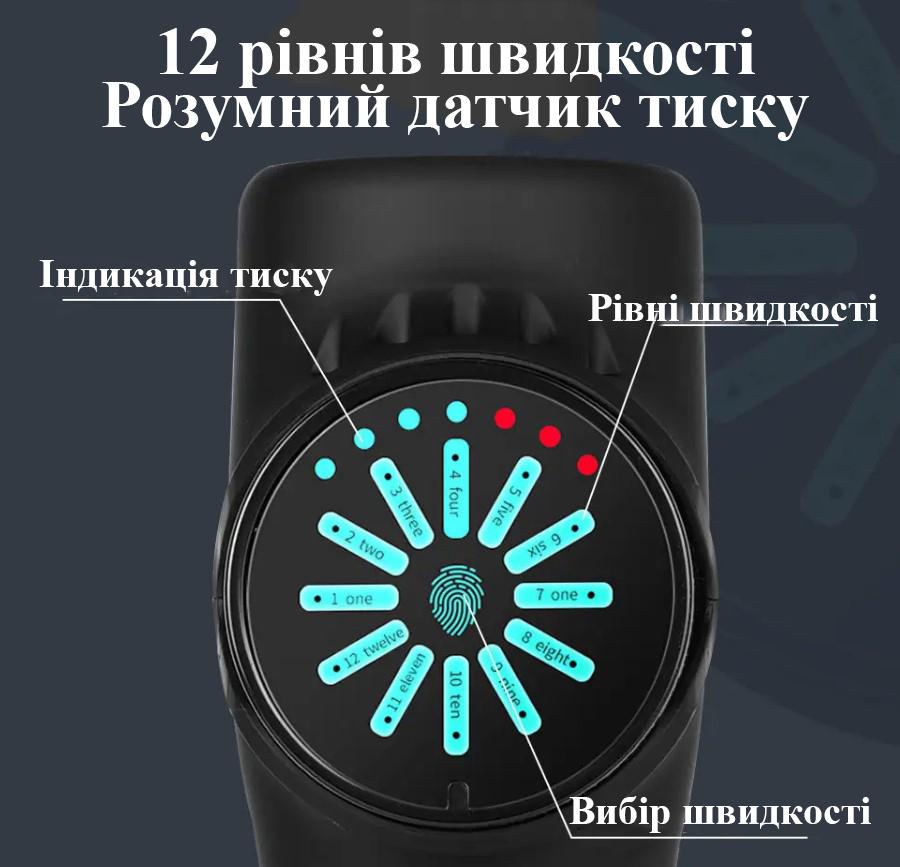 Массажер ручной для тела Massage Gun ProMax перкуссионный 12 насадок Черный - фото 9