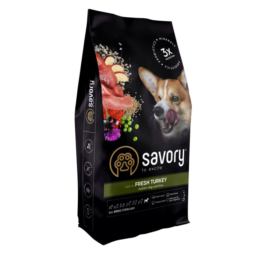 Корм сухой Savory All Breed Sterilised Rich in Fresh Turkey для стерилизованных собак всех пород со свежей индейкой 12 кг