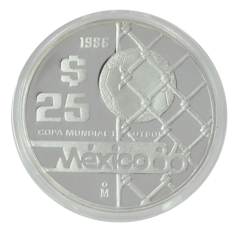 Коллекционная монета Мексика 25 песо 1986 серебро Proof Чемпионат мира по футболу в Мексике 1986 года-Мяч в воротах (М22162)