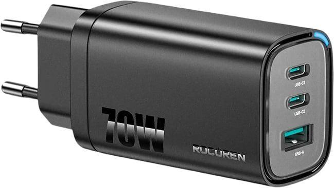 Зарядное устройство для Rocoren 70Wmax GaN SCP PD3.0 QC4.0/порты 2Type-C/USB Black (43735)