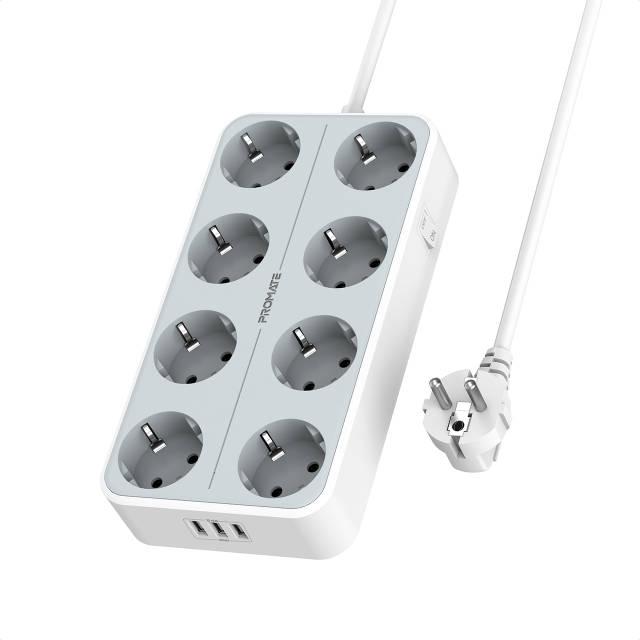 Мережевий фільтр 11-в-1 Promate PowerCord8EU-2M 8 розеток і 3 USB порти 4 м White