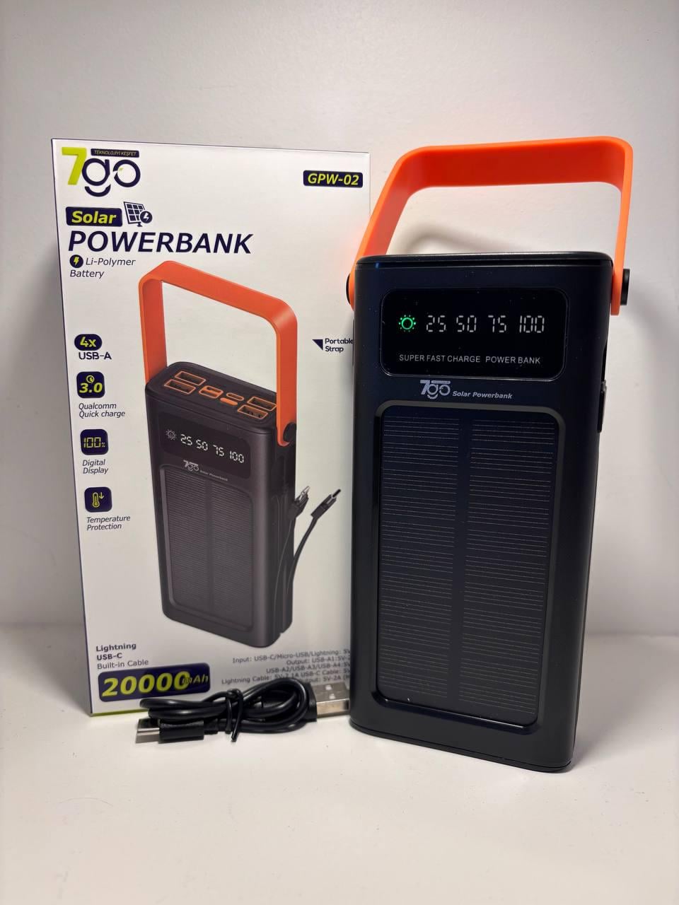 Повербанк 7GO QC 3.0 дисплей/встроенный кабель и солнечная панель 20000 mAh (31738712)