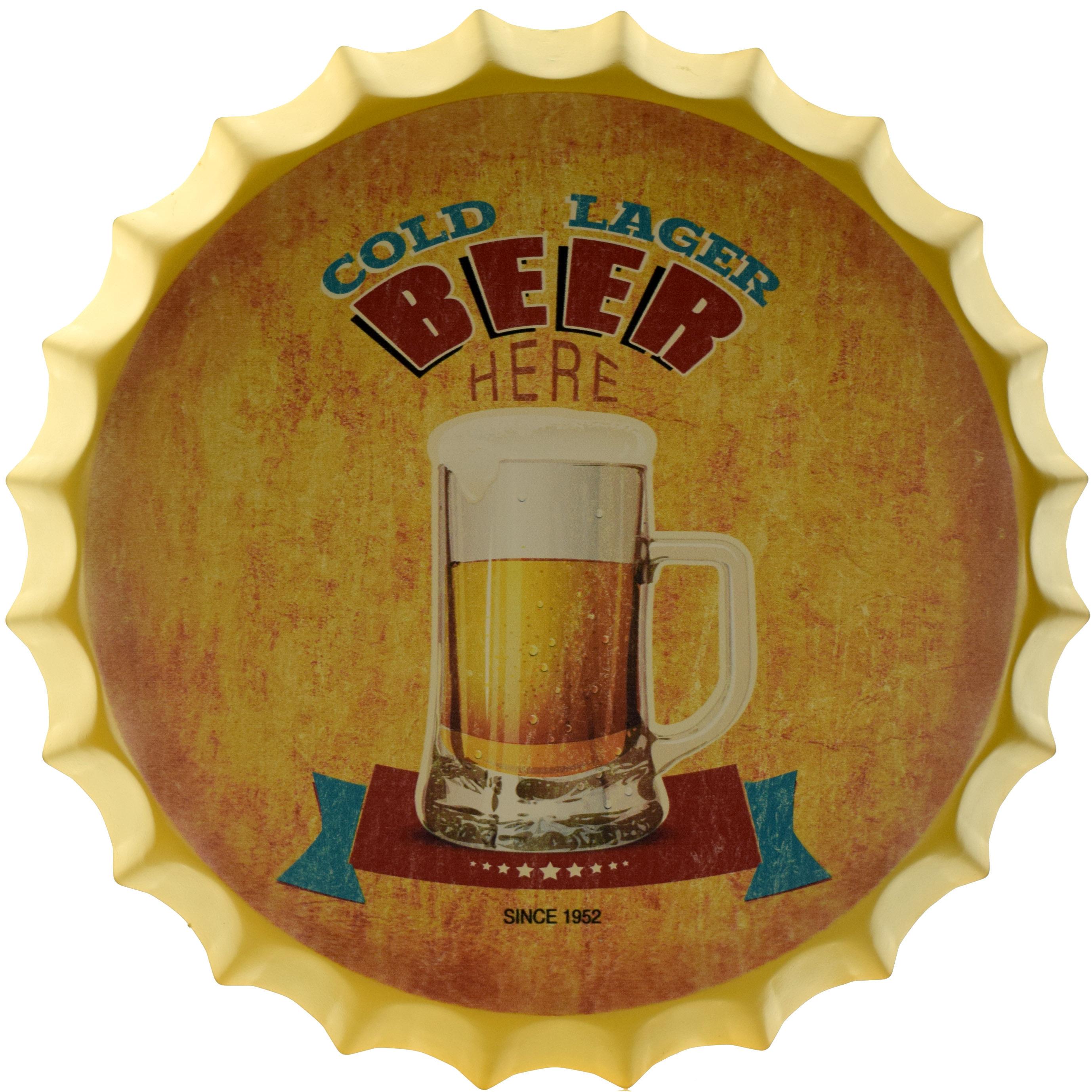 Табличка металлическая Здесь Холодное Светлое Пиво/Cold Lager Beer Here крышка 35 см
