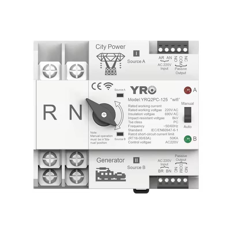 Переключатель ввода резерва автоматический YRO I-II 2P 125A 230V Wi-Fi АВР для генератора (YRQ2PC-125-WF)
