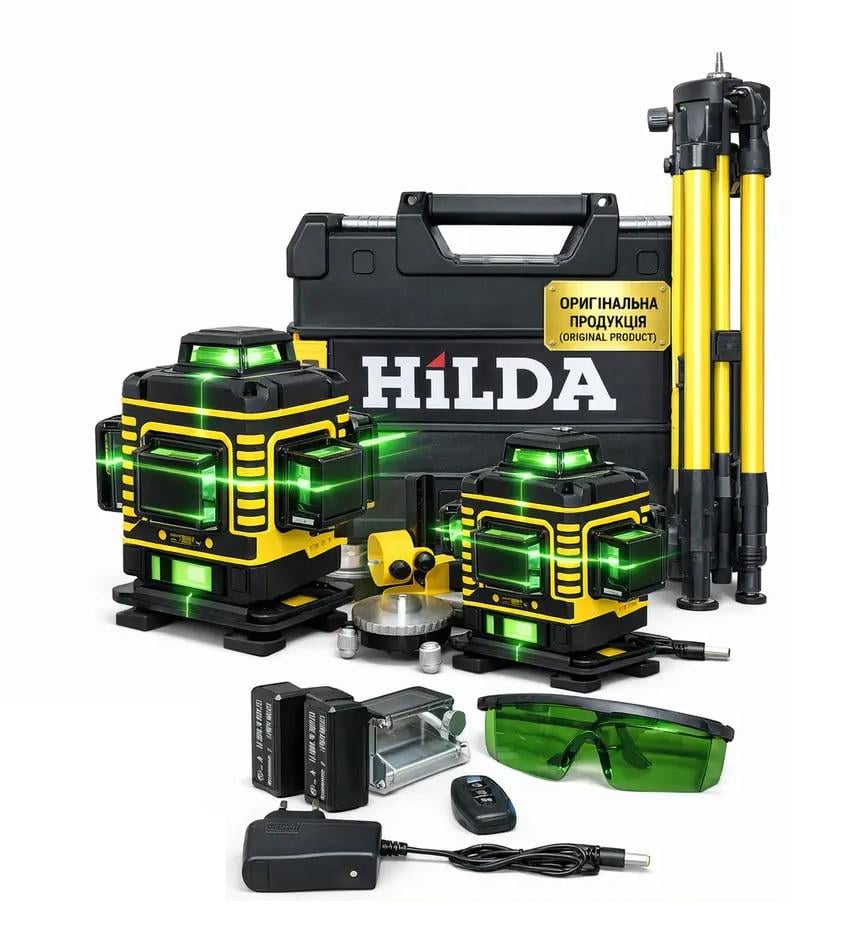 Лазерный уровень Hilda 4d с дисплеем на 16 линий и 2 аккумуляторами и штативом