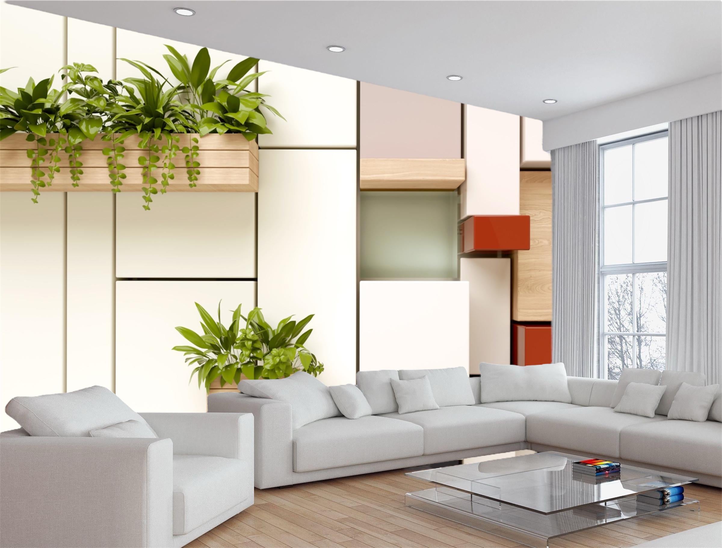 Фотошпалери флізелінові у вітальню білі квадрати і вазони 3D 100х100 см (6019)