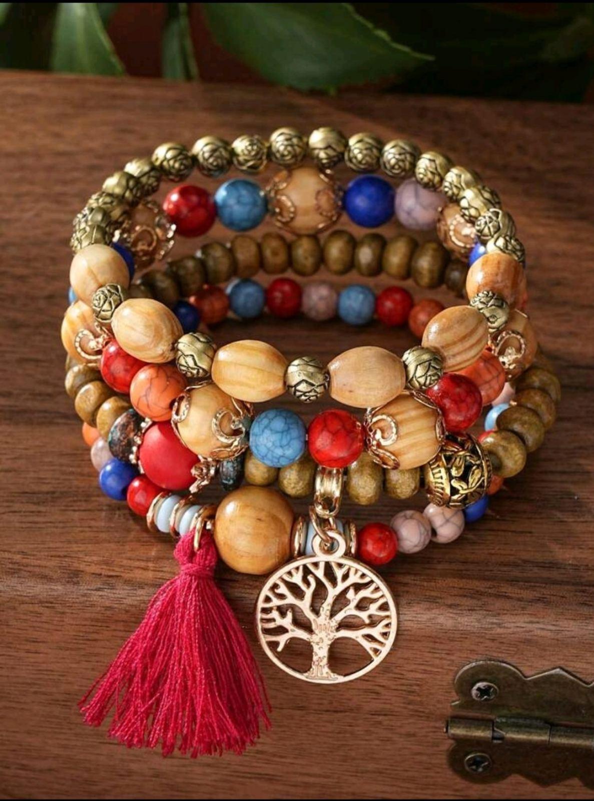 Браслет из деревянного бисера Bohemian Style Дерево жизни 4в1 на резинке Разноцветный (27477226)