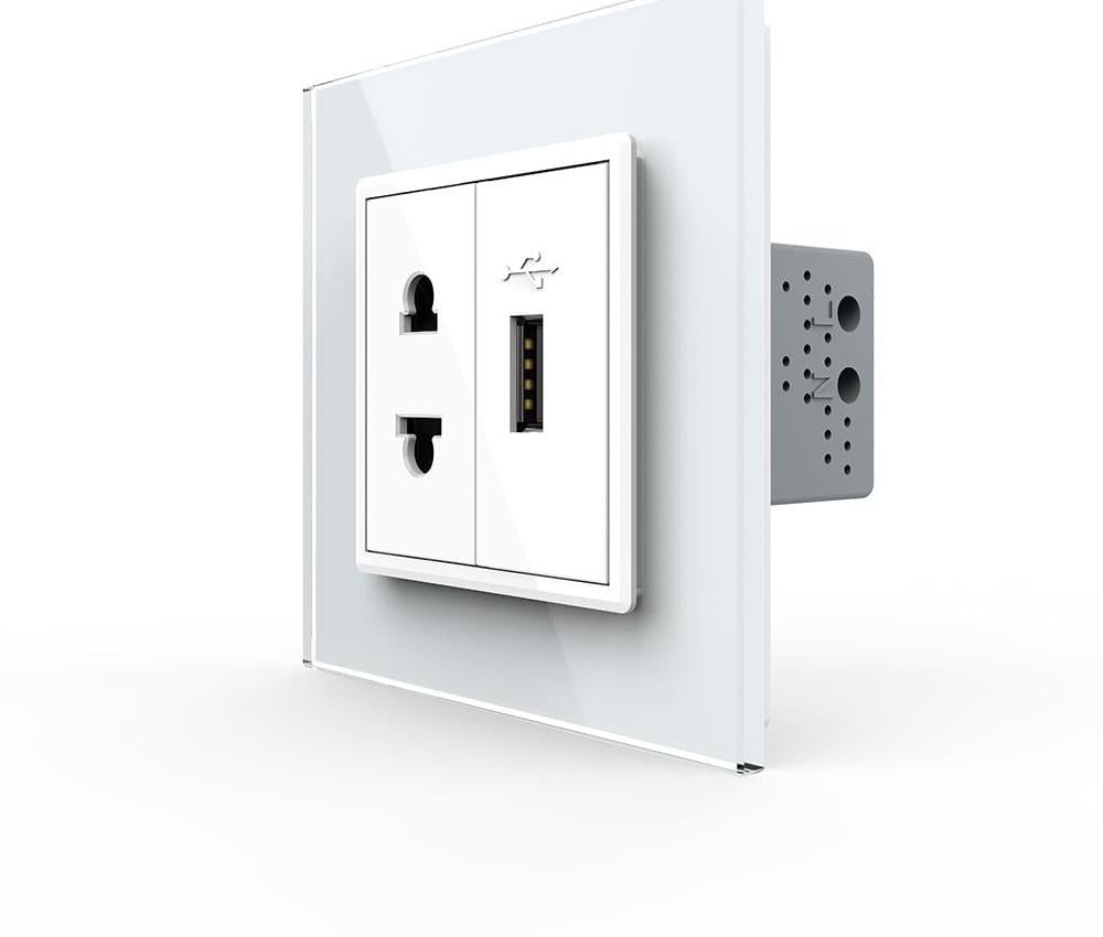 Розетка универсальная LIVOLO с USB-портом 10 Вт LIVOLO настенная дизайнерская стеклянная рамка Белый (VL-C7FCT25/FCUA-2WP)
