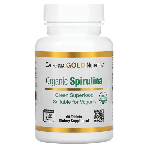 Средство для пищеварения California Gold Nutrition Суперфуд органическая спирулина общеукрепляющая 500 мг 60 таблеток