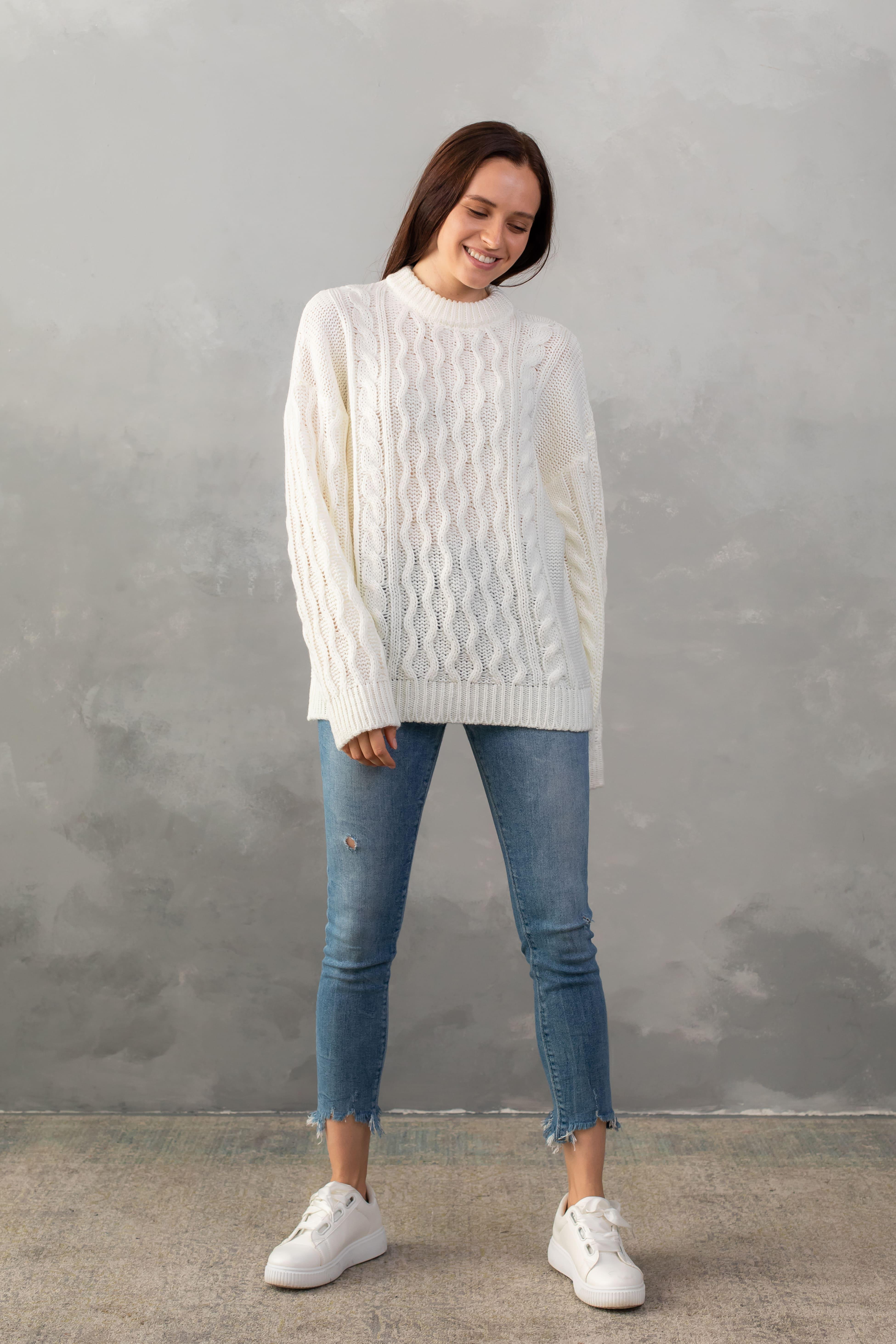 Джемпер женский с узором косы S-L Молочный (3235)