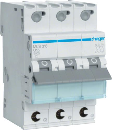 Автоматический выключатель Hager QC 3P 16A C 6 kA MCS316 3M - фото 1 Автоматический выключатель Hager QC 3P 16A C 6 kA MCS316 3M - фото 1