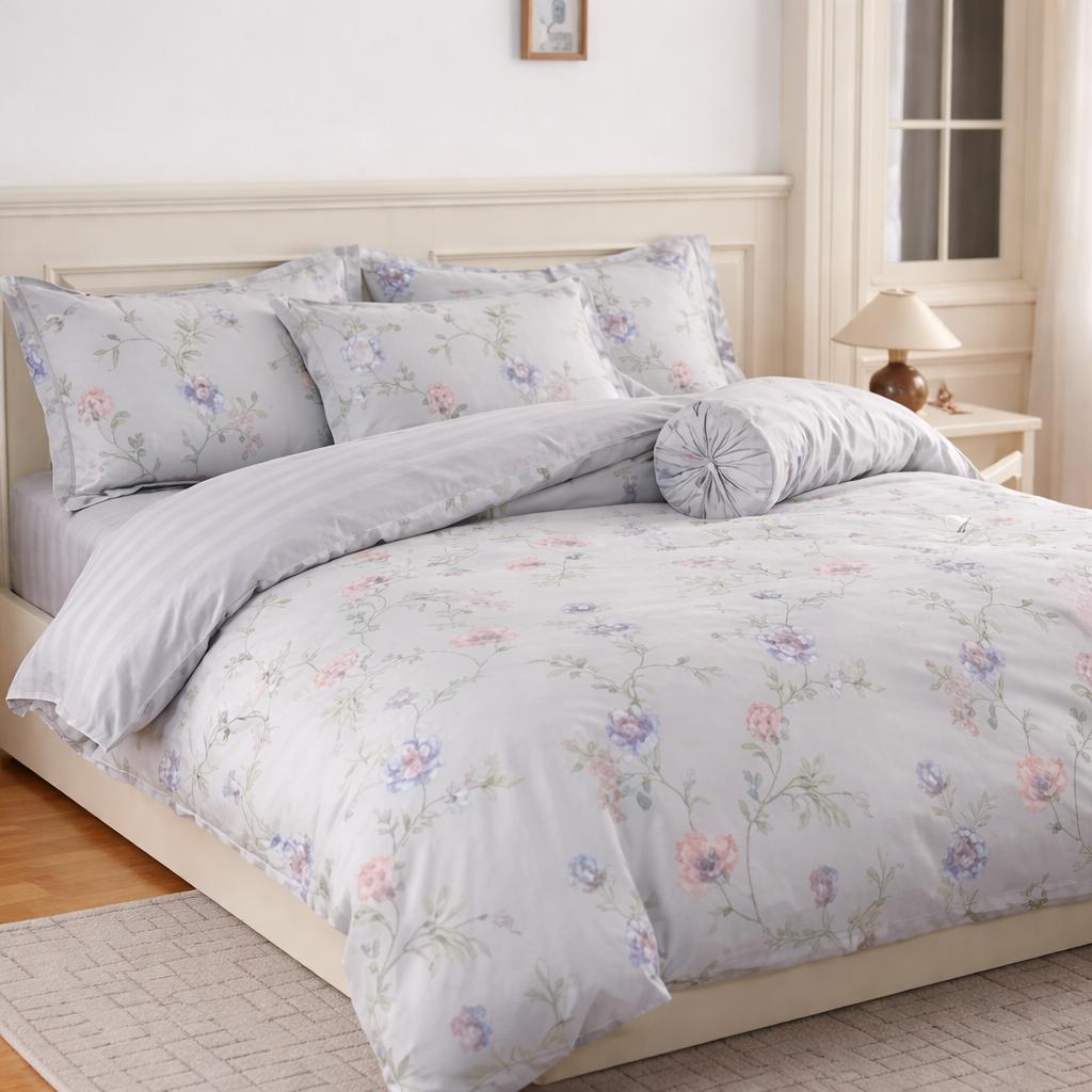 Комплект постельного белья Страйп сатин с цветочным принтом двухсторонний полуторный Серый (2919472195)