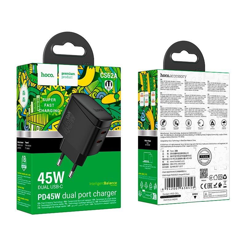 Зарядное устройство для телефонов Hoco CS62A Bright charger 2хUSB Type-C 45W/3A Black (8bc967d0) - фото 6 Зарядное устройство для телефонов Hoco CS62A Bright charger 2хUSB Type-C 45W/3A Black (8bc967d0) - фото 6