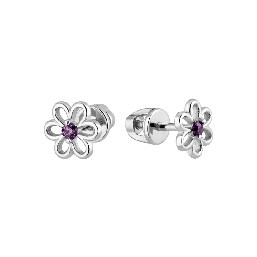 Сережки срібні пусети Квіти із блиском фіанітів Фіолетовий